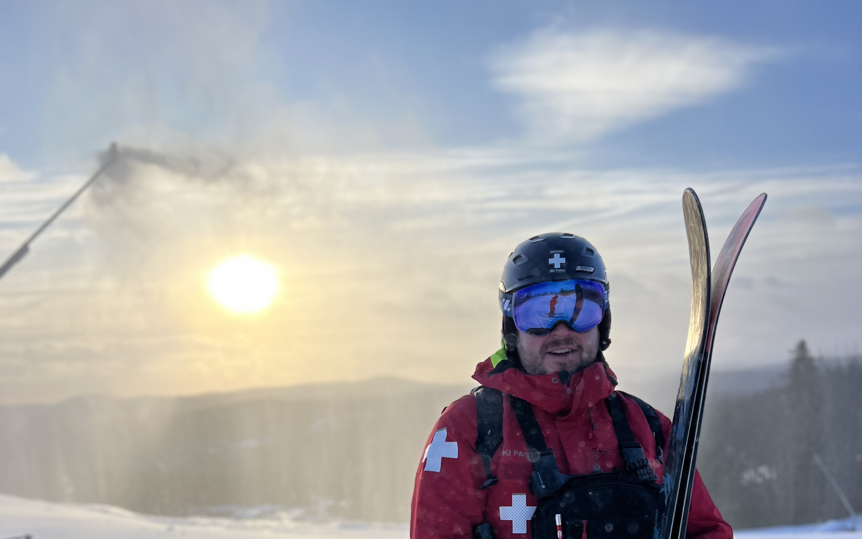 Okemo ski patroller at sunrise