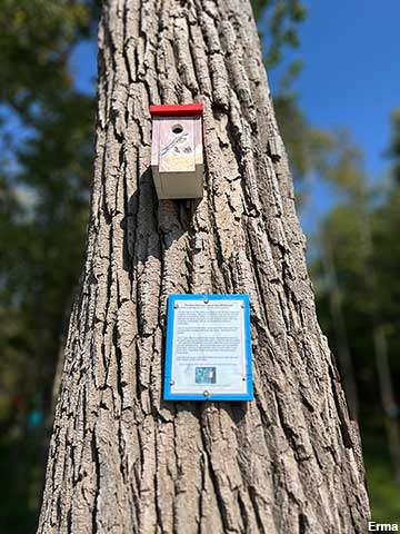 A South Hero birdhouse up close โ red roof, round entry hole, and the informational sign posted below. Photo: Erma via Roadside America
